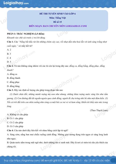 Đề thi thử vào lớp 6 môn Tiếng Việt - Đề số 15 có đáp án